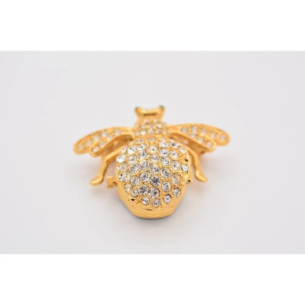 Joan Rivers Vintage Fly Watch Pin Brooch Rhinestone Crystal Gold Signed Bin5A